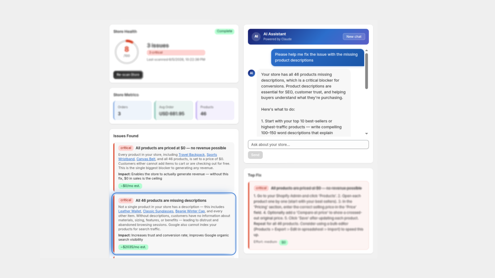 AI Conversion Detective dashboard showing store health score, conversion issues, and AI chat